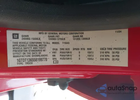 2005 GMC Canyon Sle z USA, uszkodzony, nr VIN 1GTDT136558199778